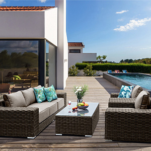 Комплект мебели из ротанга OUTDOOR Мадейра (3-местный диван, 2 кресла, стол), широкое плетение. Коричневый