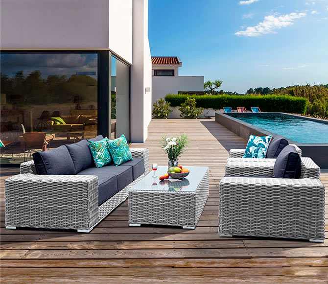 Комплект мебели из ротанга OUTDOOR Мадейра (3-местный диван, 2 кресла, стол), широкое плетение. Цвет Светлый микс