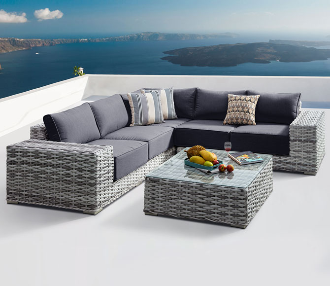 Комплект мебели из ротанга OUTDOOR Санторини (угловой диван, стол), широкое плетение. Цвет Светлый микс
