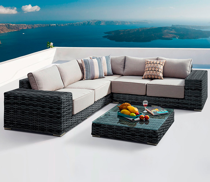 Комплект мебели из ротанга OUTDOOR Санторини (угловой диван, стол), широкое плетение. Цвет Графит