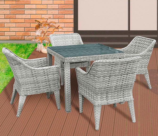 Комплект мебели из ротанга OUTDOOR Фиджи (стол, 4 стула), узкое плетение. Цвет Светлый микс