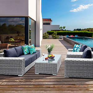 Комплект мебели из ротанга OUTDOOR Мадейра (3-местный диван, 2 кресла, стол), широкое плетение. Светлый микс
