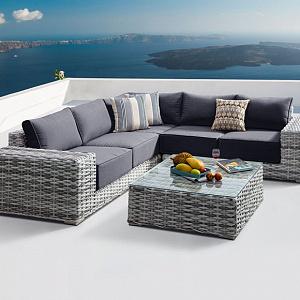 Комплект мебели из ротанга OUTDOOR Санторини (угловой диван, стол), широкое плетение. Светлый микс