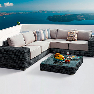 Комплект мебели из ротанга OUTDOOR Санторини (угловой диван, стол), широкое плетение. Графит